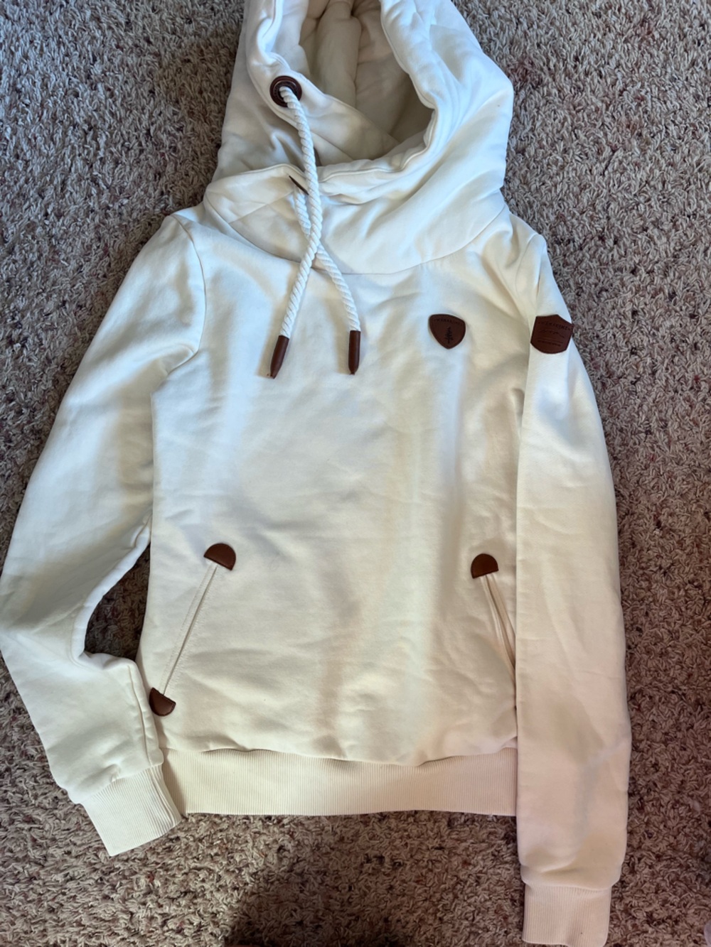 Cream Pullover Hoodie with Brown Leather Accents